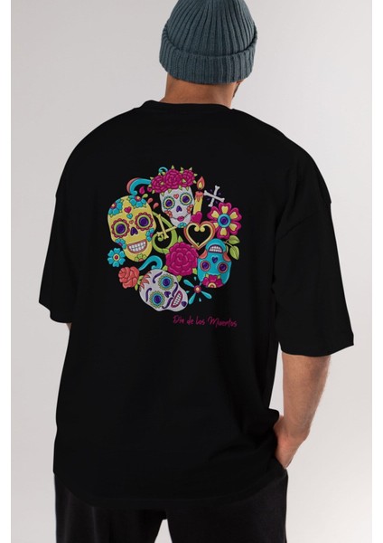 Dia De Los Muertos Arka Baskılı Siyah Oversize T-Shirt Erkek Kadın Bisiklet Yaka fırsatları
