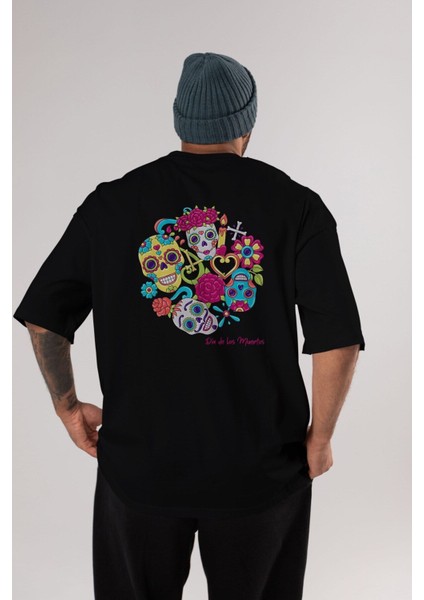 Dia De Los Muertos Arka Baskılı Siyah Oversize T-Shirt Erkek Kadın Bisiklet Yaka indirimleri