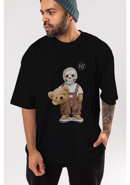 Teddy Bear Hi Ön Baskılı Siyah Oversize T-Shirt Erkek Kadın Bisiklet Yaka