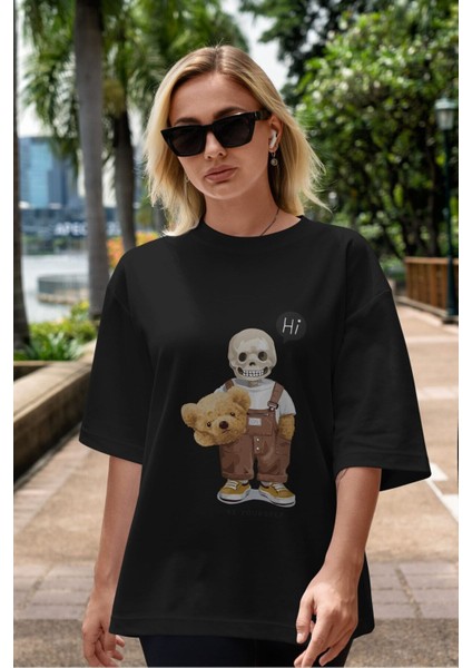 Teddy Bear Hi Ön Baskılı Siyah Oversize T-Shirt Erkek Kadın Bisiklet Yaka fiyatları