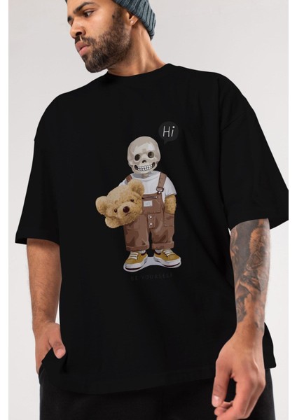 Teddy Bear Hi Ön Baskılı Siyah Oversize T-Shirt Erkek Kadın Bisiklet Yaka fırsatları