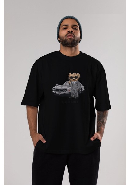 Teddy Bear The Secret Agent Ön Baskılı Siyah Oversize T-Shirt Erkek Kadın Bisiklet Yaka