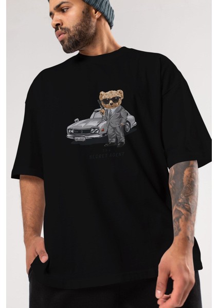 Teddy Bear The Secret Agent Ön Baskılı Siyah Oversize T-Shirt Erkek Kadın Bisiklet Yaka fiyatları