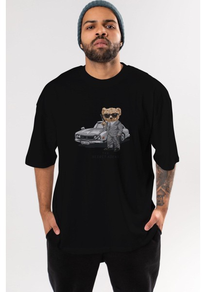 Teddy Bear The Secret Agent Ön Baskılı Siyah Oversize T-Shirt Erkek Kadın Bisiklet Yaka modelleri