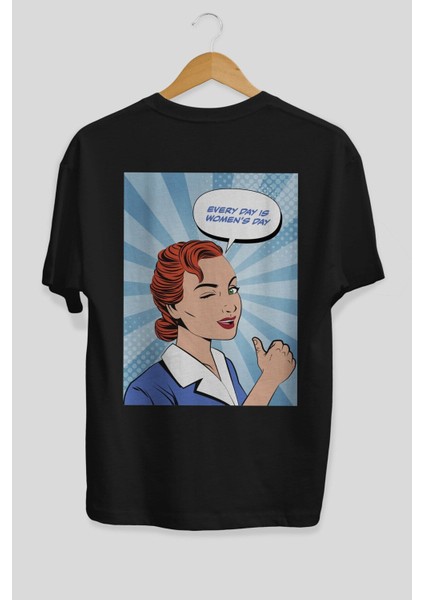 Everyday Is Women Day Arka Baskılı Siyah Oversize T-Shirt Erkek Kadın Bisiklet Yaka indirimleri