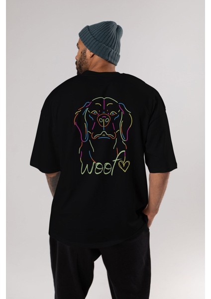 Neon Dog Arka Baskılı Siyah Oversize T-Shirt Erkek Kadın Bisiklet Yaka