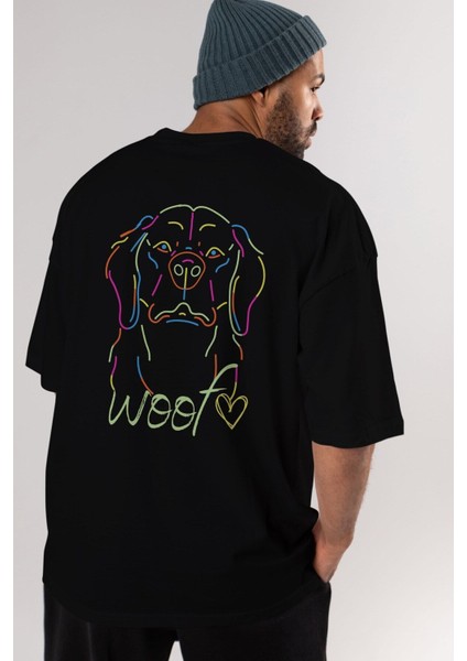 Neon Dog Arka Baskılı Siyah Oversize T-Shirt Erkek Kadın Bisiklet Yaka modelleri
