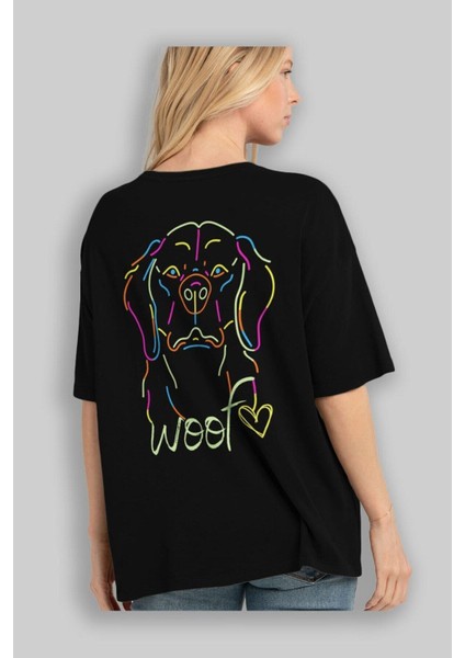 Neon Dog Arka Baskılı Siyah Oversize T-Shirt Erkek Kadın Bisiklet Yaka fırsatları