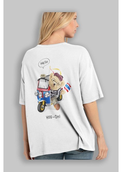 Teddy Bear Hop-On Arka Baskılı Beyaz Erkek Kadın Bisiklet Yaka Oversize T-Shirt