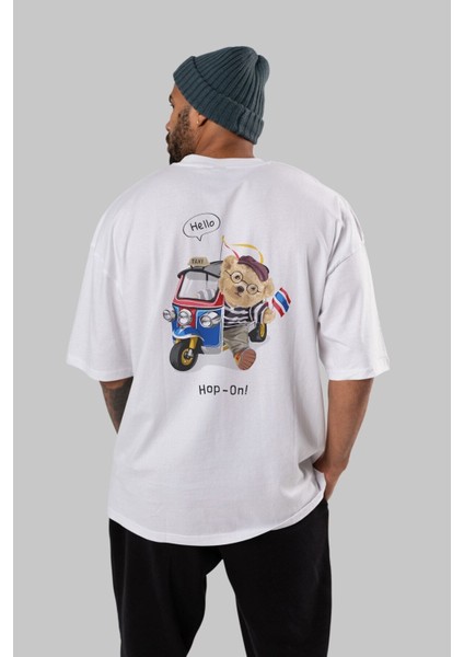 Teddy Bear Hop-On Arka Baskılı Beyaz Erkek Kadın Bisiklet Yaka Oversize T-Shirt fiyatları