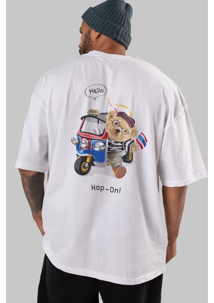 Teddy Bear Hop-On Arka Baskılı Beyaz Erkek Kadın Bisiklet Yaka Oversize T-Shirt modelleri