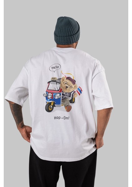 Teddy Bear Hop-On Arka Baskılı Beyaz Erkek Kadın Bisiklet Yaka Oversize T-Shirt fırsatları