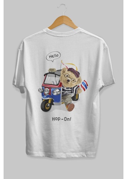 Teddy Bear Hop-On Arka Baskılı Beyaz Erkek Kadın Bisiklet Yaka Oversize T-Shirt indirimleri