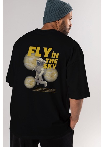 Fly In The Sky Arka Baskılı Siyah Oversize T-Shirt Erkek Kadın Bisiklet Yaka