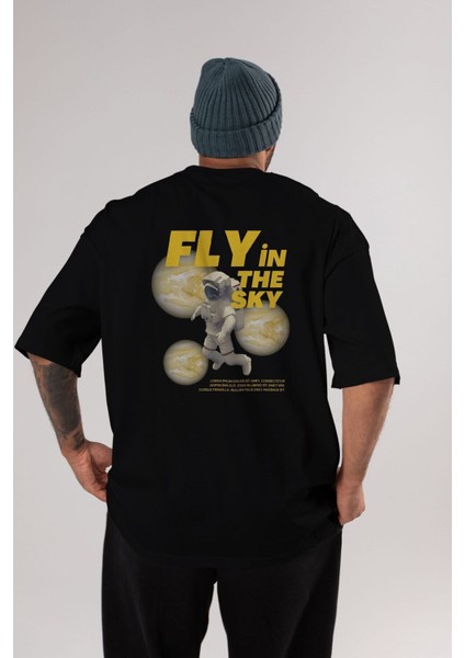 Fly In The Sky Arka Baskılı Siyah Oversize T-Shirt Erkek Kadın Bisiklet Yaka fiyatları