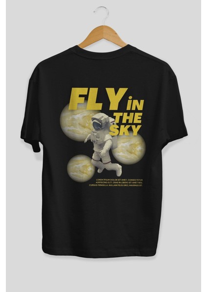 Fly In The Sky Arka Baskılı Siyah Oversize T-Shirt Erkek Kadın Bisiklet Yaka fırsatları