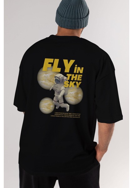 Fly In The Sky Arka Baskılı Siyah Oversize T-Shirt Erkek Kadın Bisiklet Yaka indirimleri