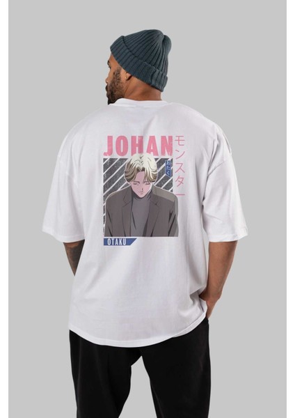 Johan Liebert Monster Anime Arka Baskılı Beyaz Oversize T-Shirt Pamuk Erkek Kadın fırsatları