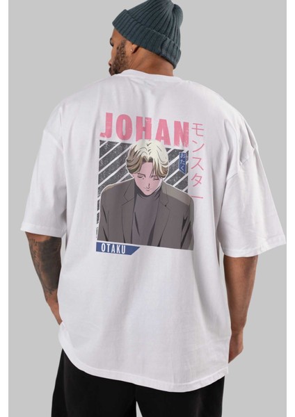 Johan Liebert Monster Anime Arka Baskılı Beyaz Oversize T-Shirt Pamuk Erkek Kadın indirimleri