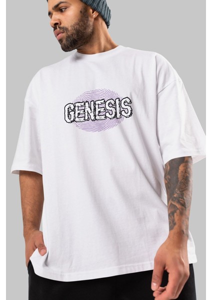 Genesis Ön Baskılı Beyaz Oversize T-Shirt Erkek Kadın Bisiklet Yaka