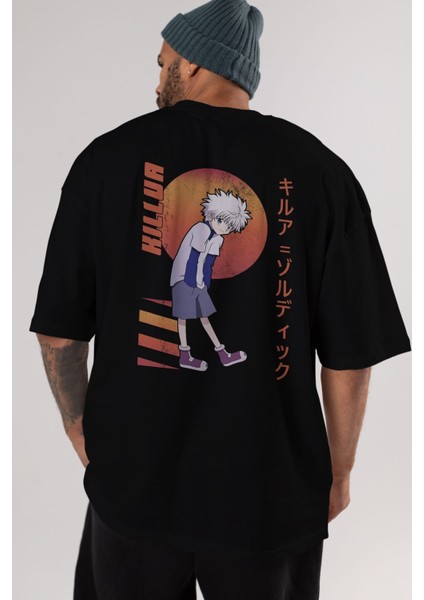 Killua Zoldyck 5 2 Anime Arka Baskılı Siyah Oversize T-Shirt Erkek Kadın