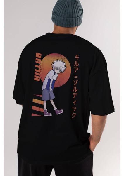 Killua Zoldyck 5 2 Anime Arka Baskılı Siyah Oversize T-Shirt Erkek Kadın modelleri