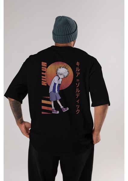 Killua Zoldyck 5 2 Anime Arka Baskılı Siyah Oversize T-Shirt Erkek Kadın fırsatları