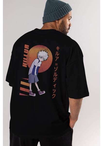 Killua Zoldyck 5 2 Anime Arka Baskılı Siyah Oversize T-Shirt Erkek Kadın indirimleri