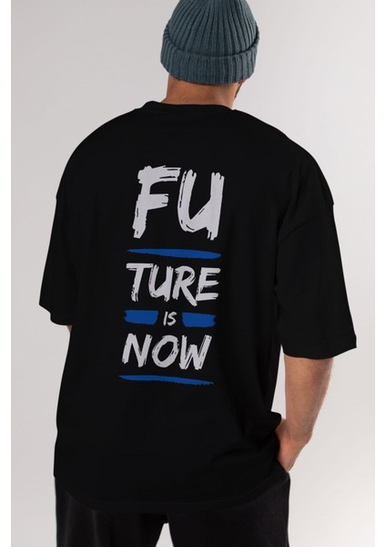 Future Is Now Yazılı Arka Baskılı Siyah Oversize T-Shirt Erkek Kadın Bisiklet Yaka fırsatları