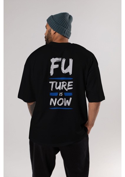 Future Is Now Yazılı Arka Baskılı Siyah Oversize T-Shirt Erkek Kadın Bisiklet Yaka indirimleri