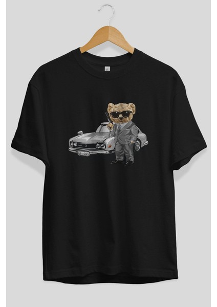 Teddy Bear The Secret Agent Ön Baskılı Siyah Oversize T-Shirt Erkek Kadın Bisiklet Yaka fırsatları