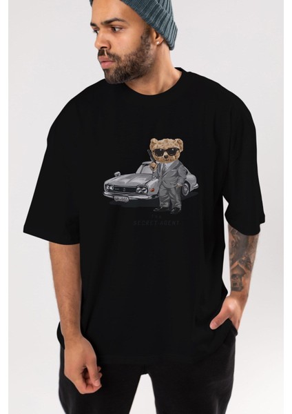 Teddy Bear The Secret Agent Ön Baskılı Siyah Oversize T-Shirt Erkek Kadın Bisiklet Yaka indirimleri