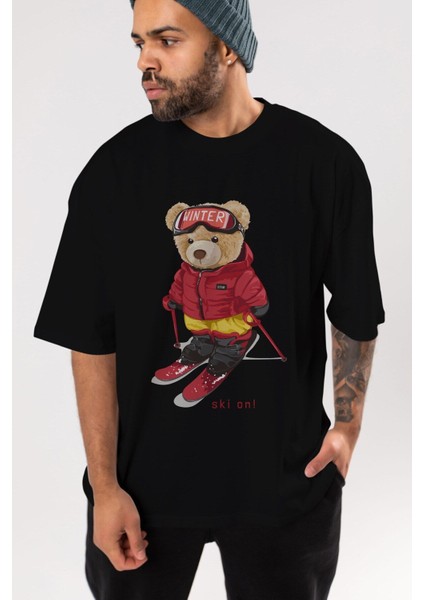 Teddy Bear Ski On Ön Baskılı Siyah Oversize T-Shirt Erkek Kadın Bisiklet Yaka
