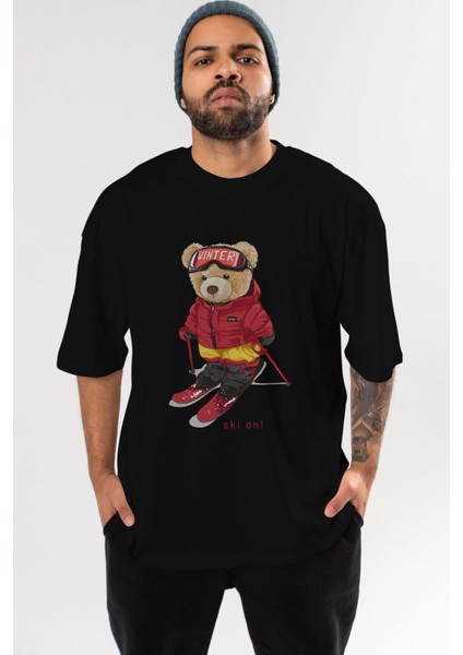 Teddy Bear Ski On Ön Baskılı Siyah Oversize T-Shirt Erkek Kadın Bisiklet Yaka fırsatları