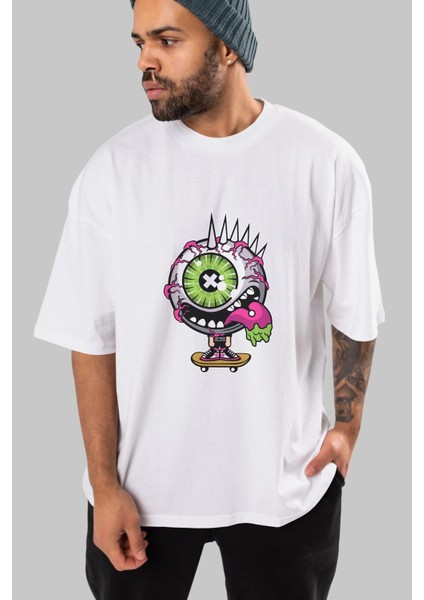 Eye Monster Skater Ön Baskılı Beyaz Oversize T-Shirt Erkek Kadın Bisiklet Yaka