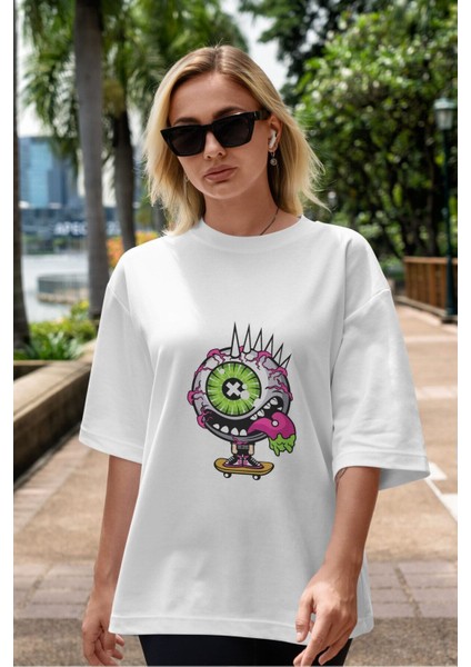 Eye Monster Skater Ön Baskılı Beyaz Oversize T-Shirt Erkek Kadın Bisiklet Yaka fiyatları