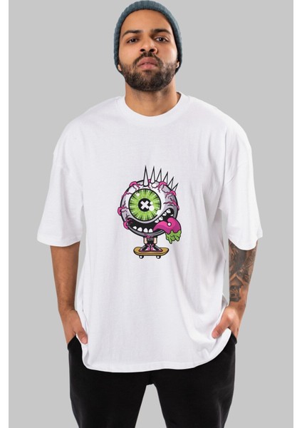 Eye Monster Skater Ön Baskılı Beyaz Oversize T-Shirt Erkek Kadın Bisiklet Yaka modelleri