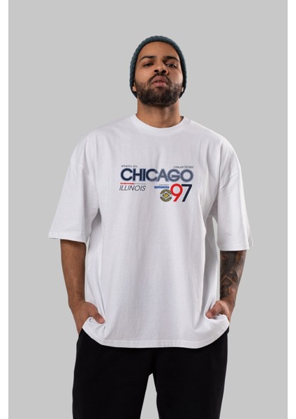 Chicago 97 Ön Baskılı Beyaz Oversize T-Shirt Erkek Kadın Bisiklet Yaka