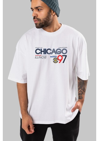 Chicago 97 Ön Baskılı Beyaz Oversize T-Shirt Erkek Kadın Bisiklet Yaka fırsatları
