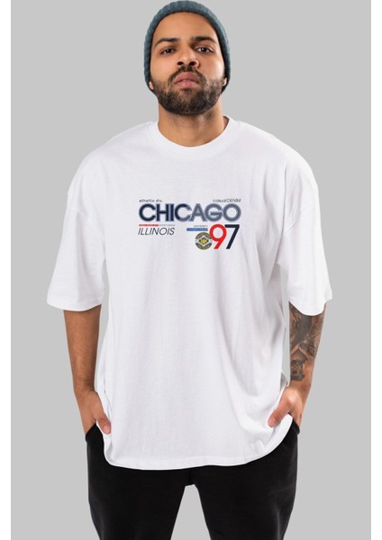 Chicago 97 Ön Baskılı Beyaz Oversize T-Shirt Erkek Kadın Bisiklet Yaka indirimleri
