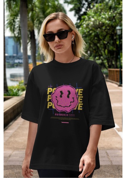 Positive Ön Baskılı Siyah Oversize T-Shirt Erkek Kadın Bisiklet Yaka modelleri