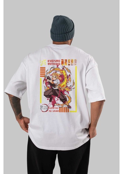 Kyojuro Rengoku Anime Arka Baskılı Beyaz Oversize T-Shirt Pamuk Erkek Kadın