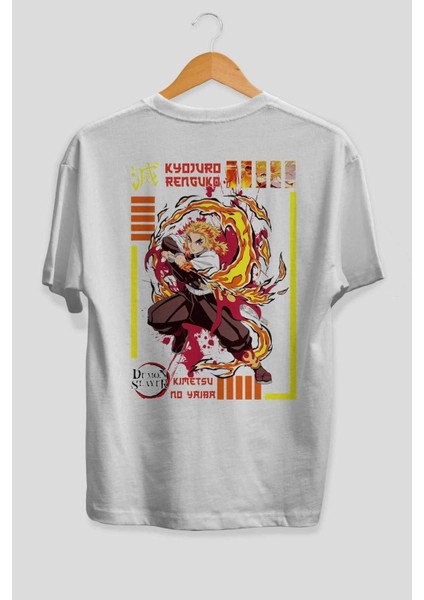 Kyojuro Rengoku Anime Arka Baskılı Beyaz Oversize T-Shirt Pamuk Erkek Kadın fiyatları