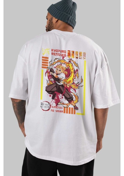 Kyojuro Rengoku Anime Arka Baskılı Beyaz Oversize T-Shirt Pamuk Erkek Kadın indirimleri