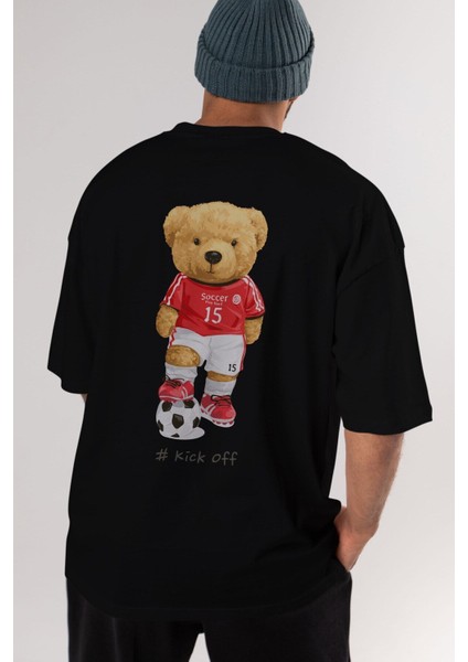 Teddy Bear Kick Off Arka Baskılı Siyah Erkek Kadın Bisiklet Yaka Oversize T-Shirt