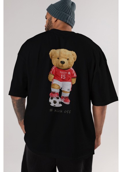 Teddy Bear Kick Off Arka Baskılı Siyah Erkek Kadın Bisiklet Yaka Oversize T-Shirt fiyatları