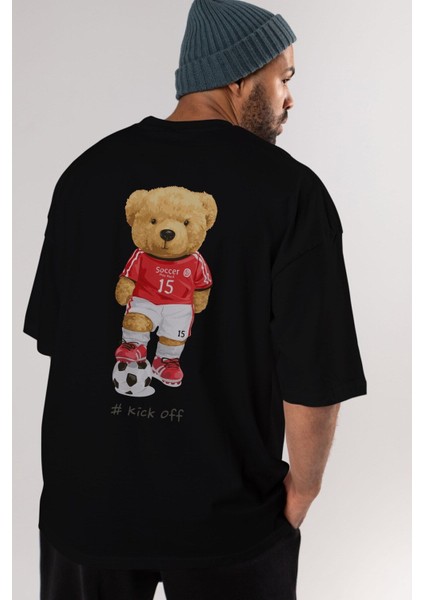 Teddy Bear Kick Off Arka Baskılı Siyah Erkek Kadın Bisiklet Yaka Oversize T-Shirt modelleri