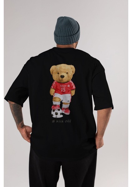 Teddy Bear Kick Off Arka Baskılı Siyah Erkek Kadın Bisiklet Yaka Oversize T-Shirt fırsatları