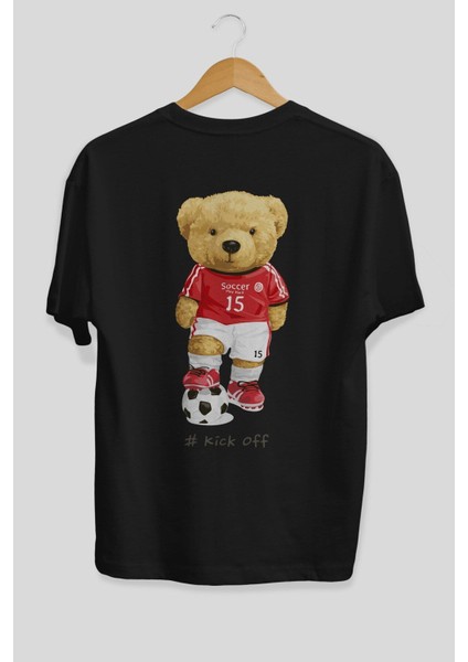 Teddy Bear Kick Off Arka Baskılı Siyah Erkek Kadın Bisiklet Yaka Oversize T-Shirt indirimleri