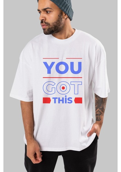 You Got This Ön Baskılı Beyaz Oversize T-Shirt Erkek Kadın Bisiklet Yaka